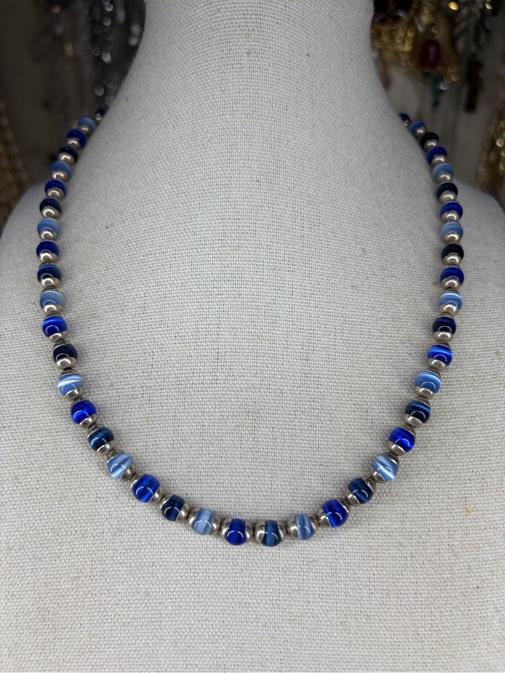 Vintage Cat Eye Necklace Moonglow Blue Silver Tone Toggle Clasp
